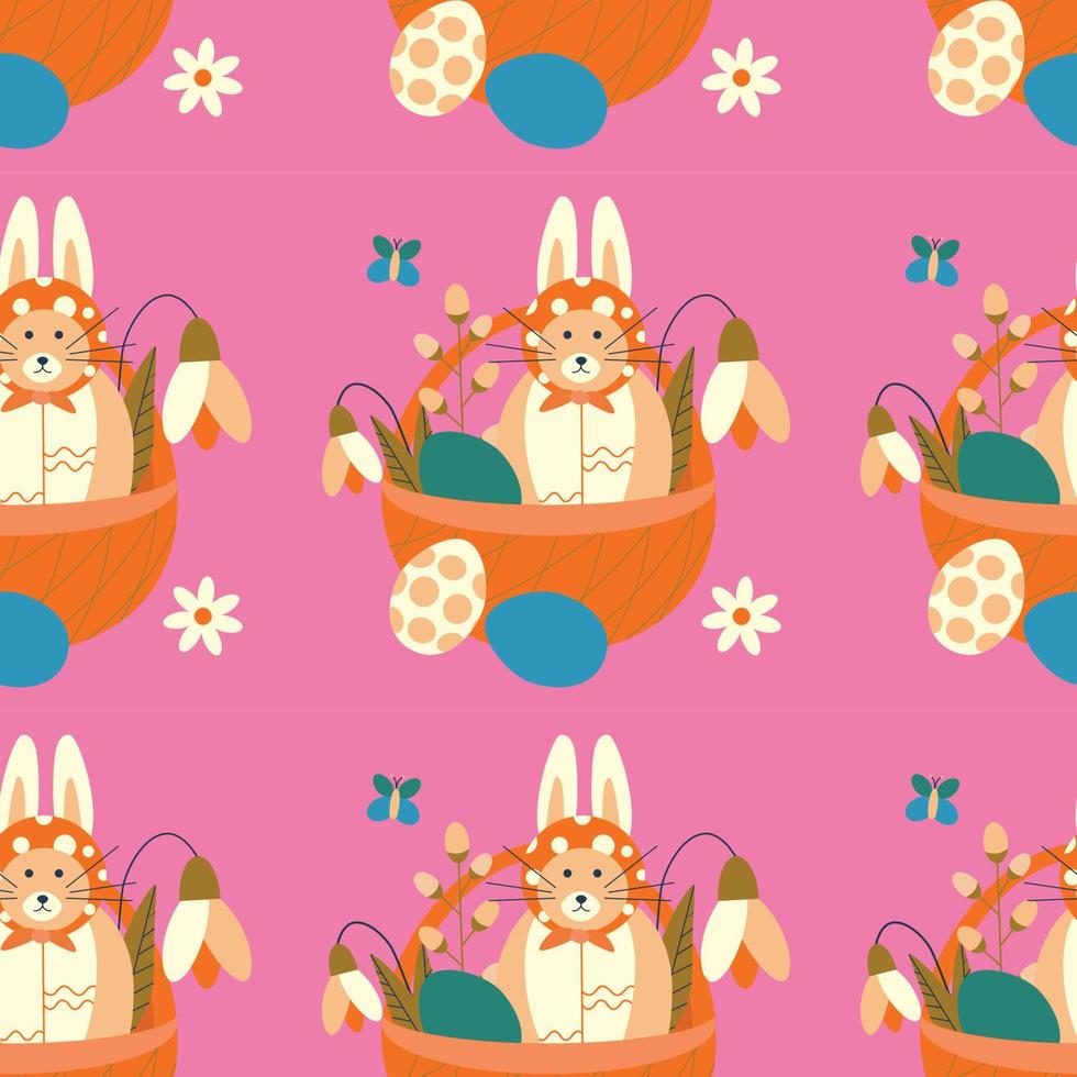Easter pattern with a cat with rabbit ears, flowers, snowdrops, in a basket with eggs. vector