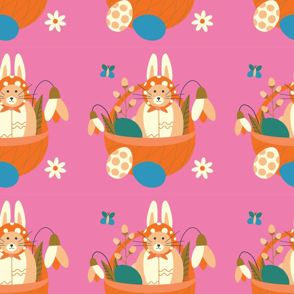 Easter pattern with a cat with rabbit ears, flowers, snowdrops, in a basket with eggs. vector