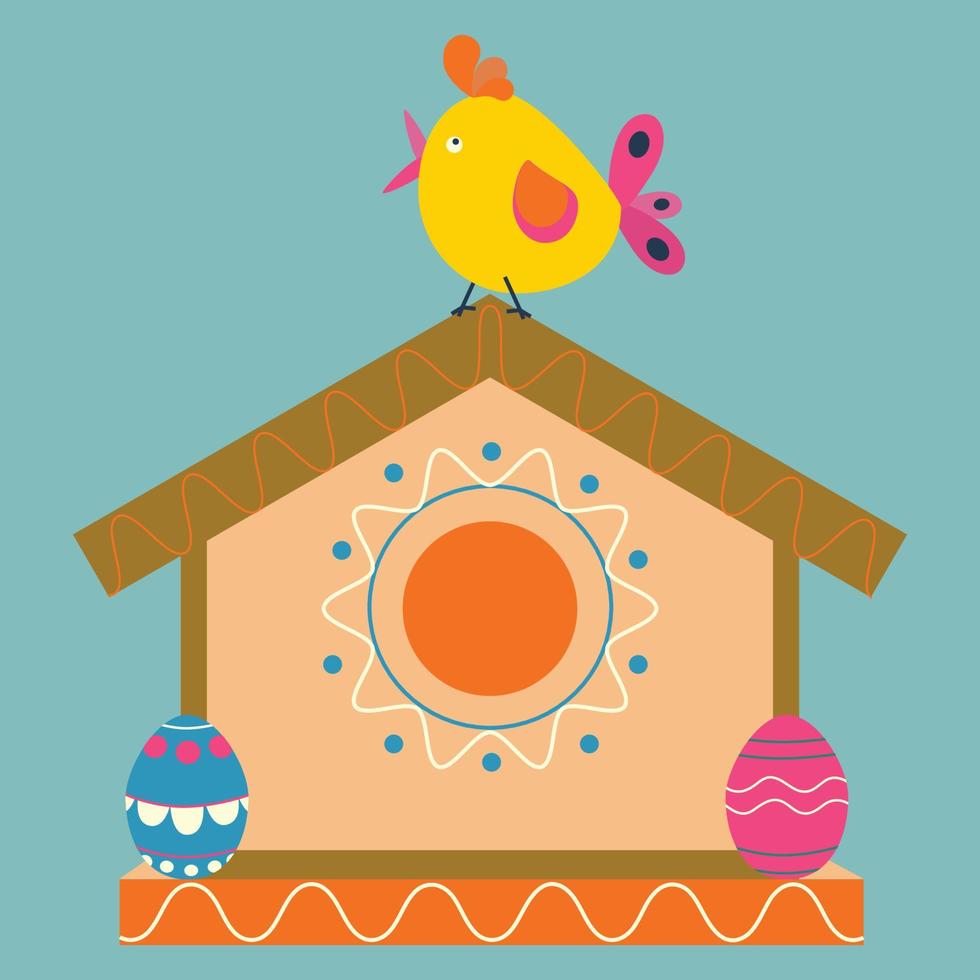 Bird feeder, birdhouse,  with Easter eggs with ornament, bird, chicken. vector