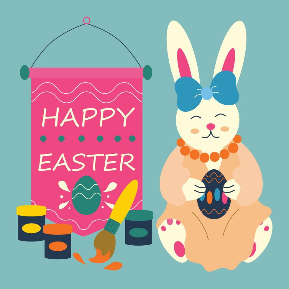 Easter bunny with egg in paws, paints with a brush, text, lettering Happy Easter. vector