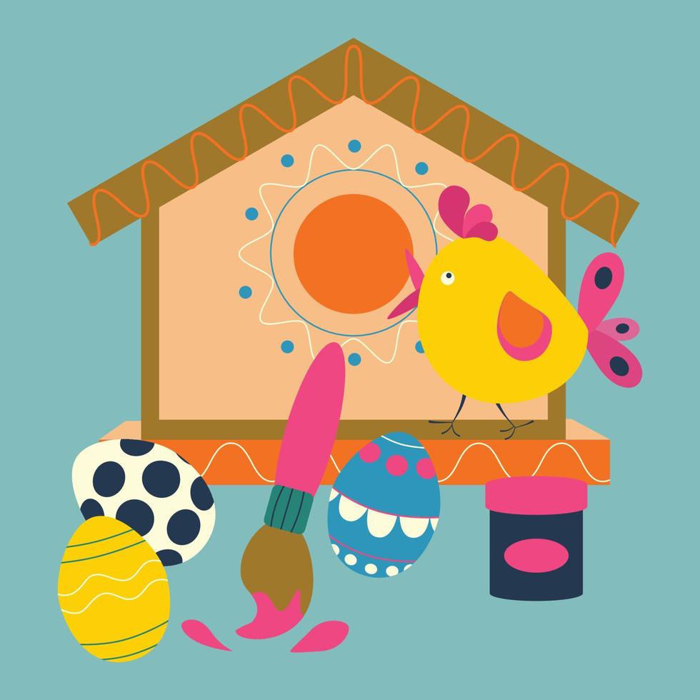 Easter eggs with patterns, a brush with paint for coloring eggs and a birdhouse with a bird. vector