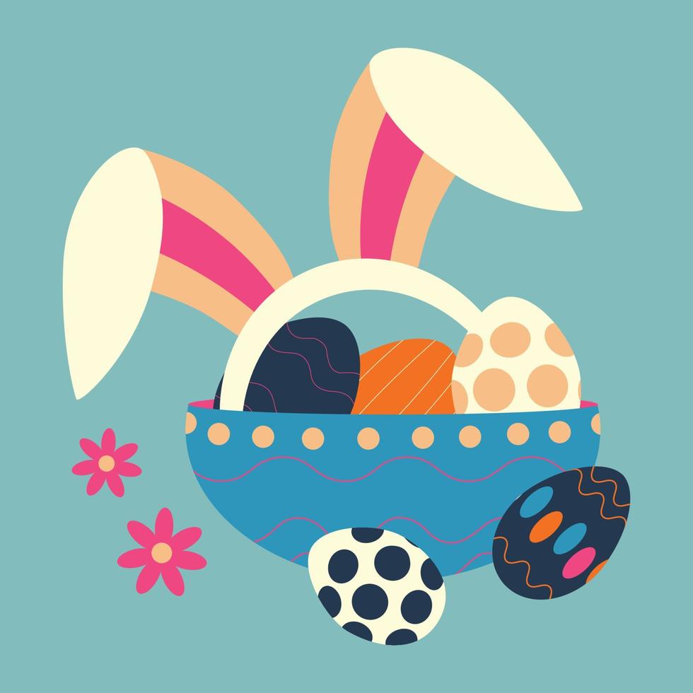 Easter eggs with ornaments on a plate, and with rabbit ears. Color vector illustration.