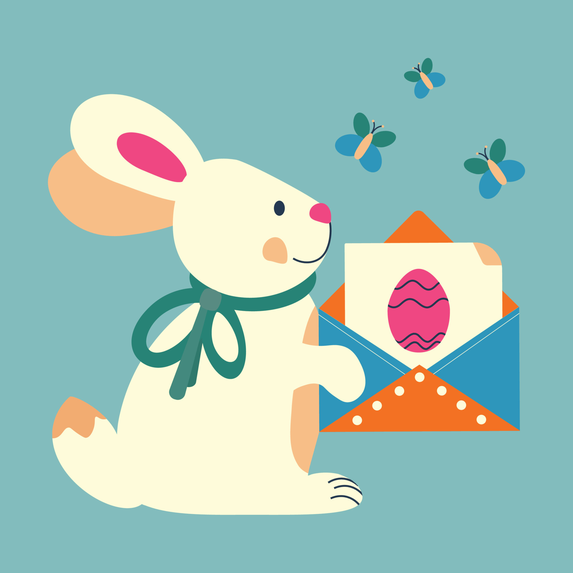 Easter bunny, the rabbit holds an envelope with a postcard and eggs