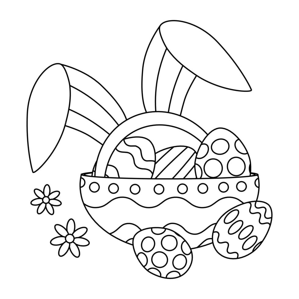 Easter eggs with ornaments on a plate, and with rabbit ears. Line art. vector