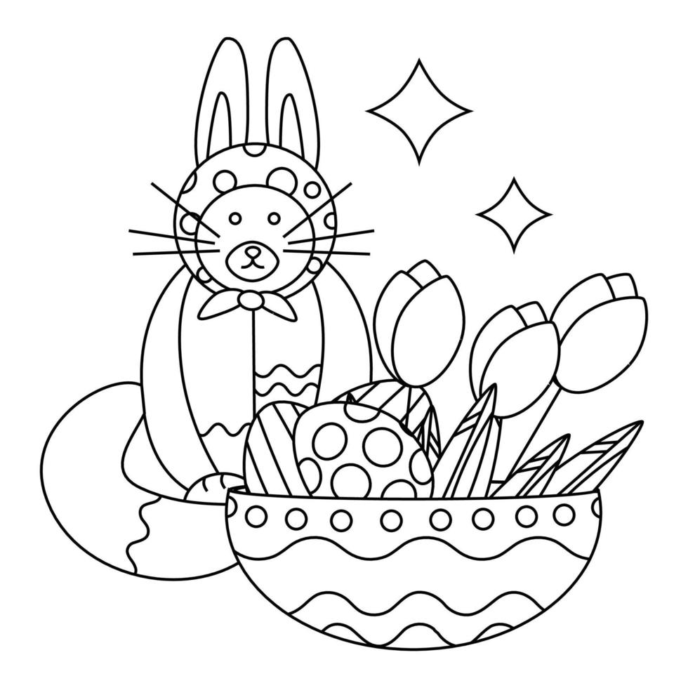 Easter cute cat with rabbit ears and a plate with Easter eggs and flowers, tulips. Line art. vector