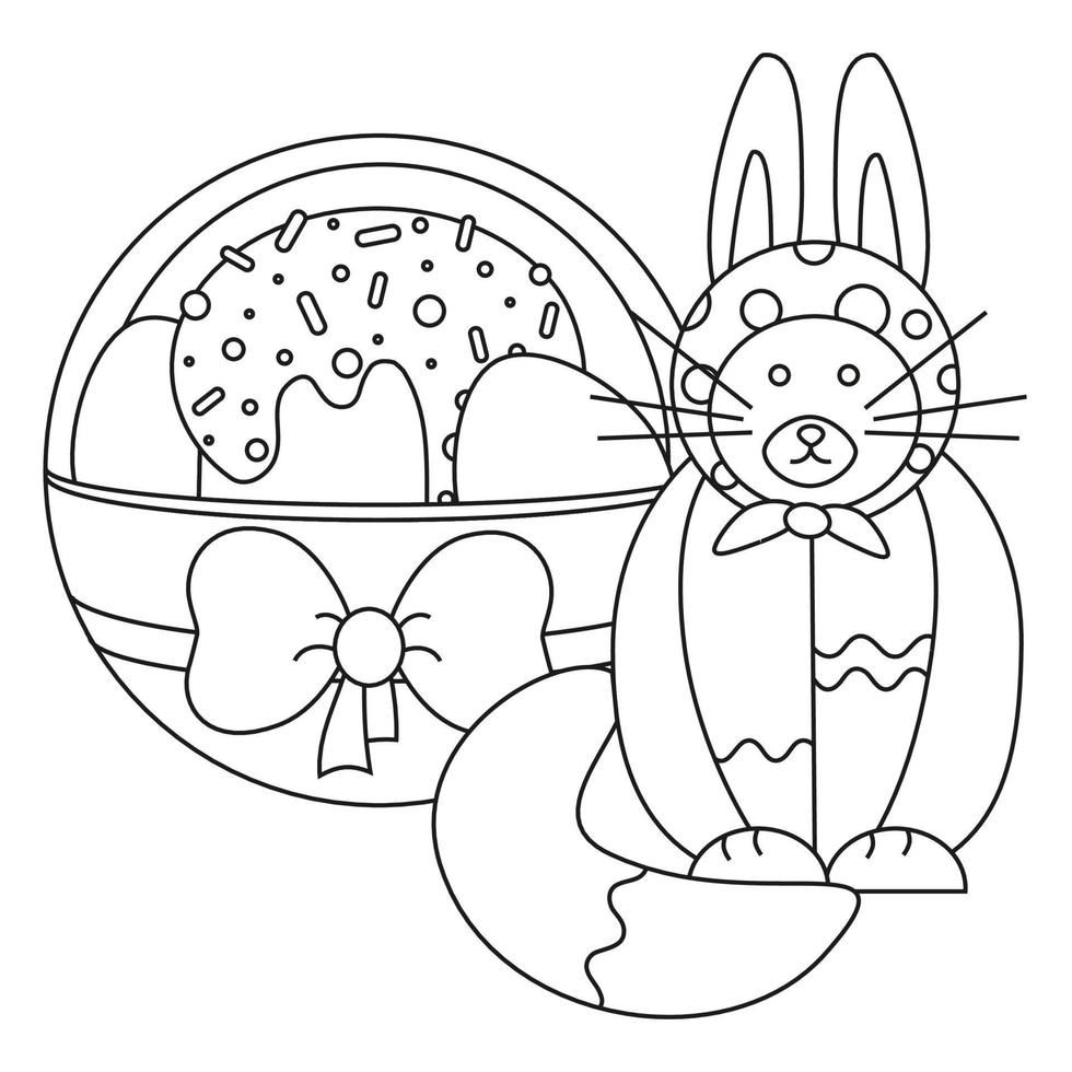 Easter basket with eggs, cupcake, bow and funny cat with rabbit ears. Line art. vector
