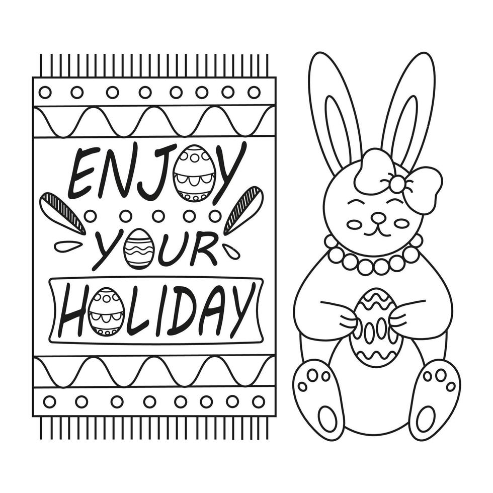 Easter cute bunny rabbit with egg and text enjoy your holidays. Line art. vector