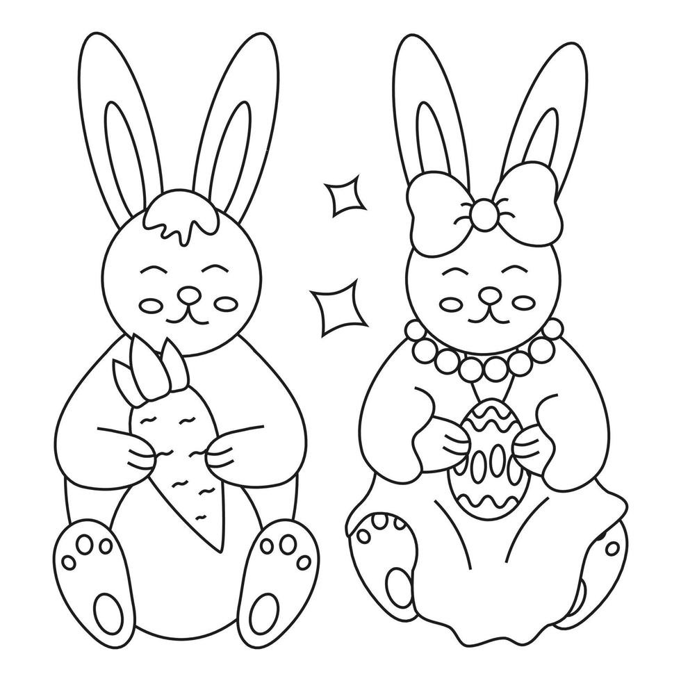Easter cute hare, rabbit, boy and girl with egg and carrot. Line art. vector