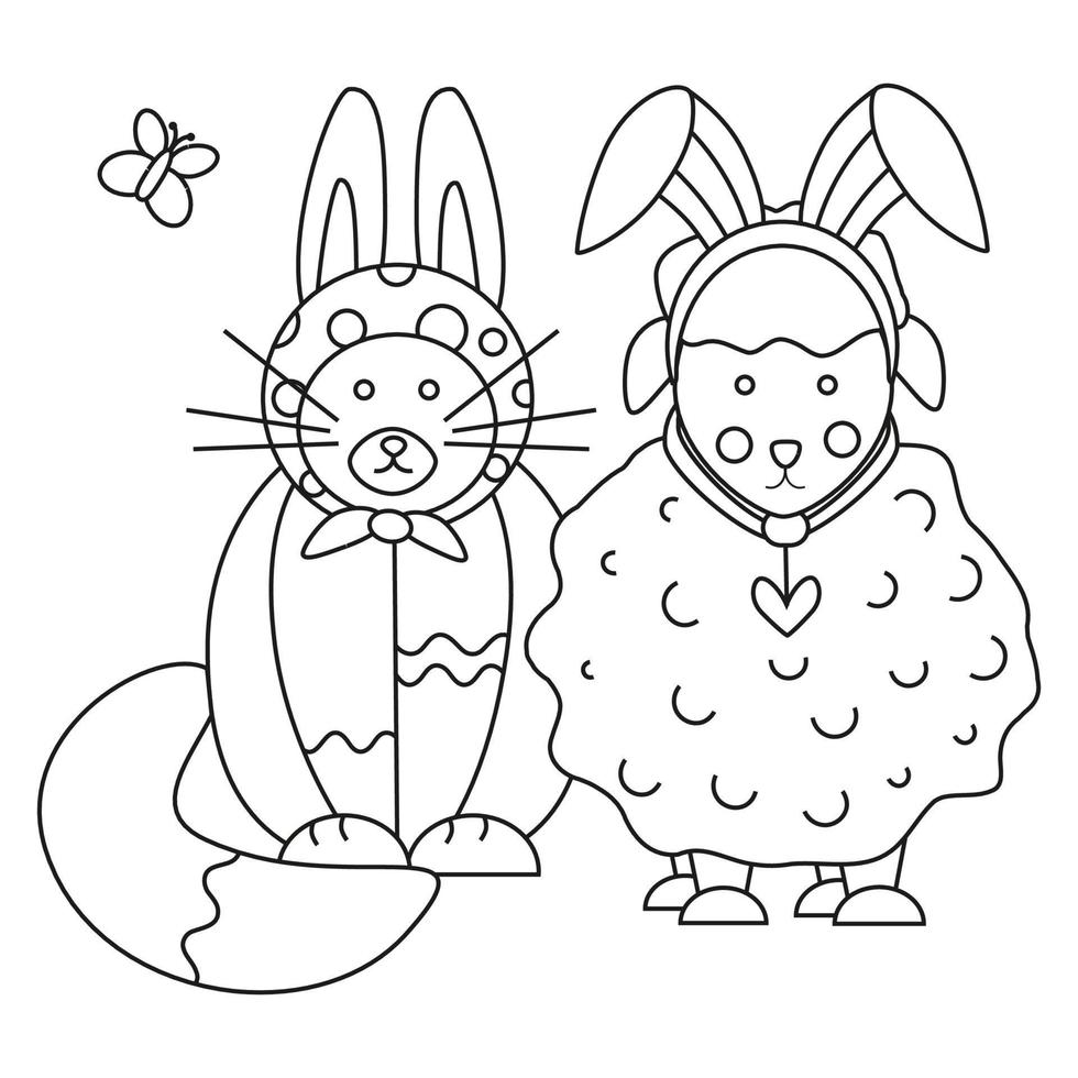 Easter cute cat and sheep with bunny ears. Line art. Vector illustration.