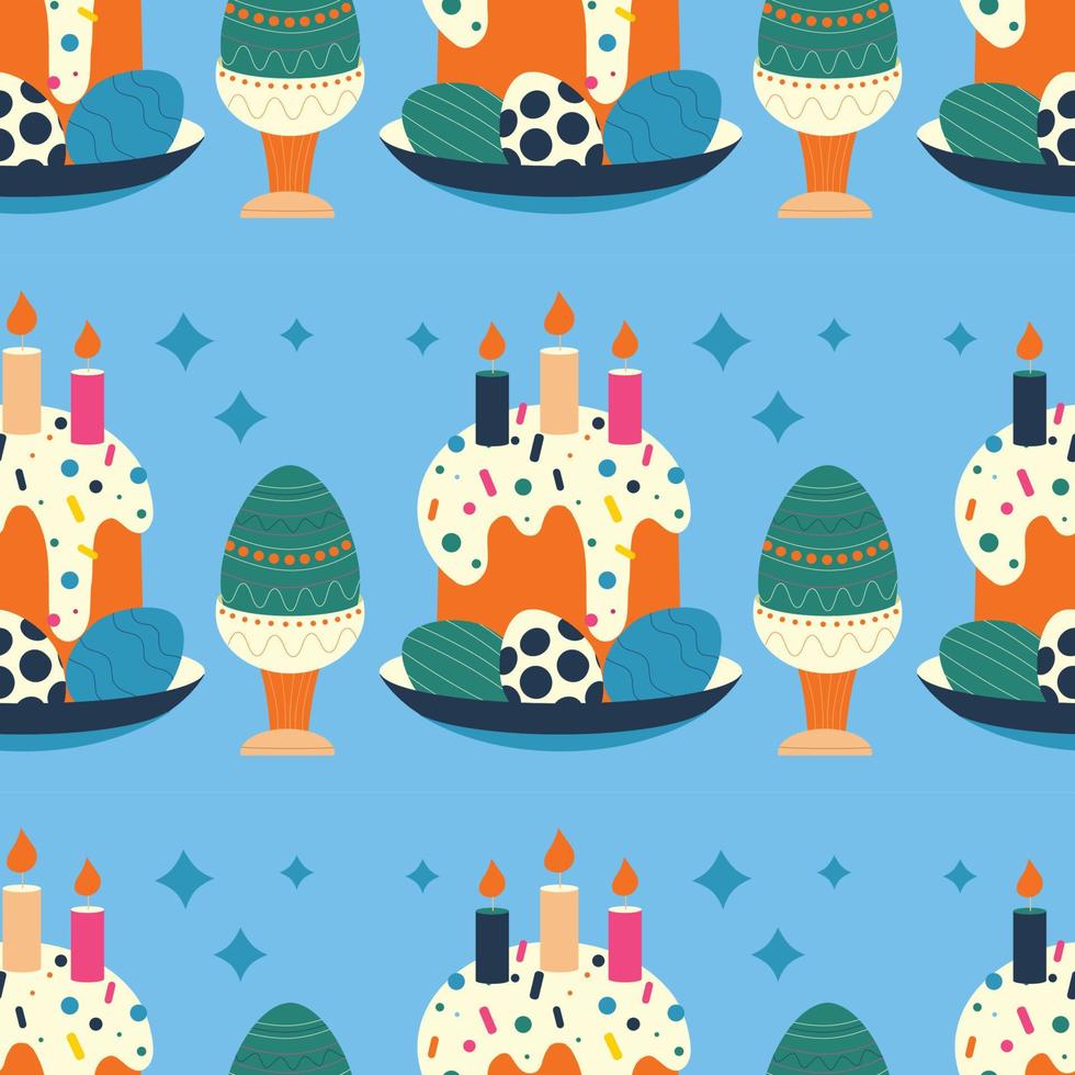 Easter pattern with an egg on a stand with an ornament, a plate with an Easter cupcake and candles. vector