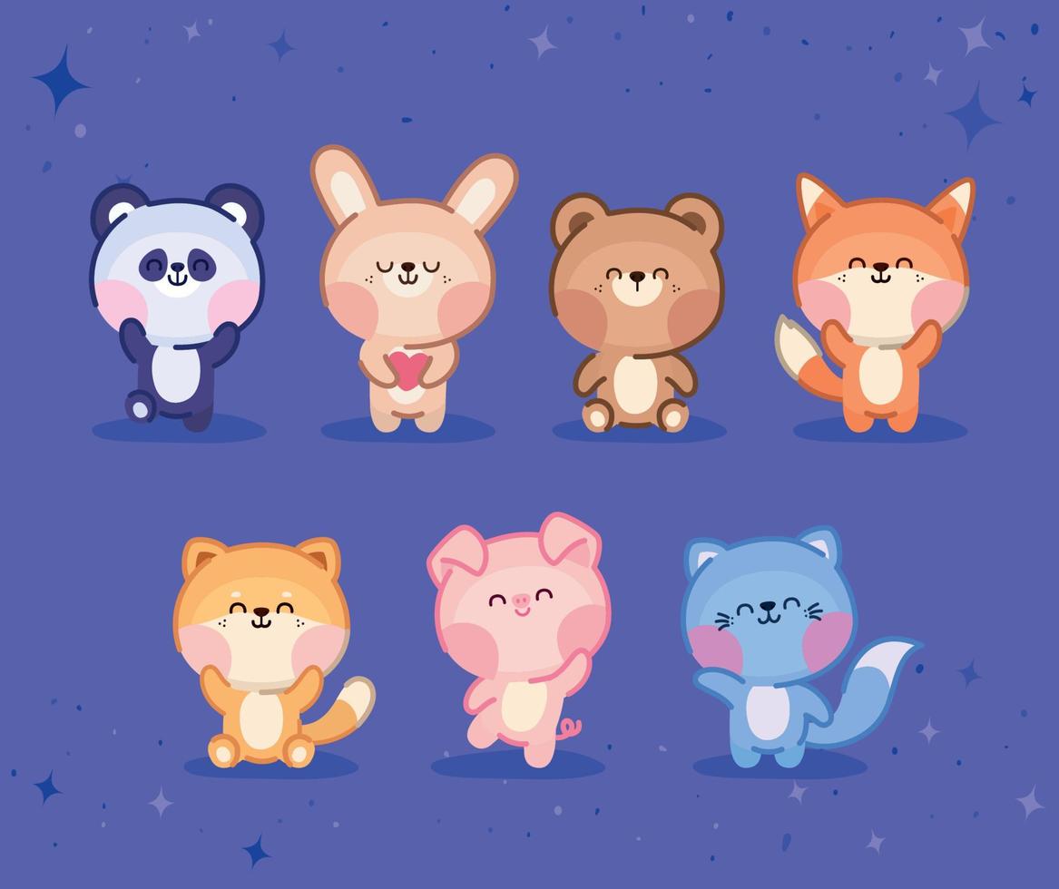 seven cute animals vector