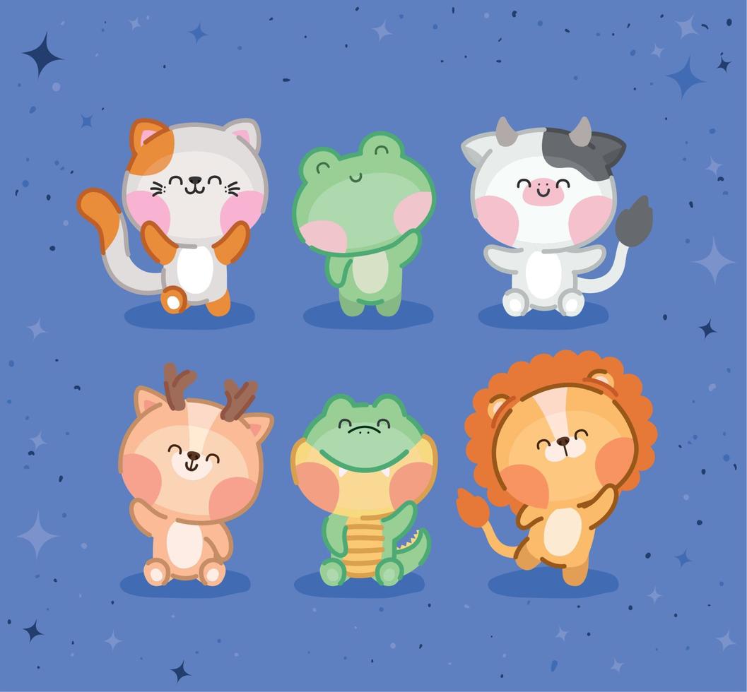 six kawaii pets vector
