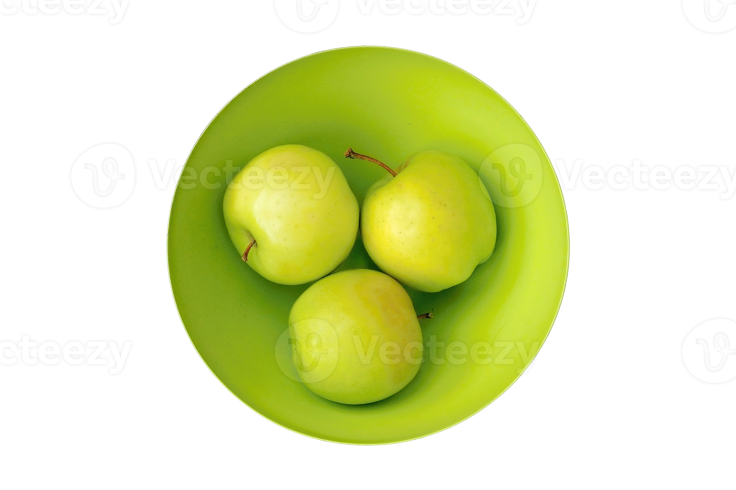 Green bowl with green apples fruit isolated on a transparent background