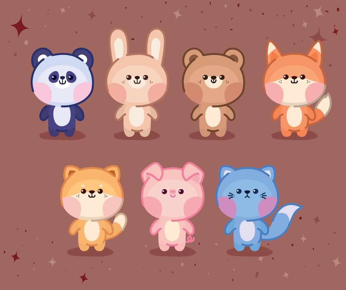 seven kawaii animals vector