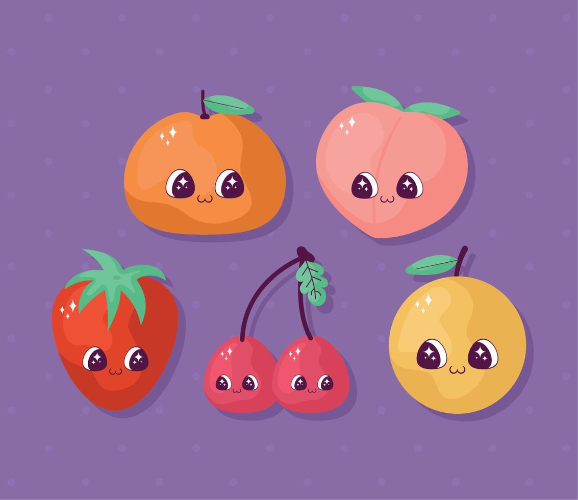 five kawaii fruits 21398472 Vector Art at Vecteezy