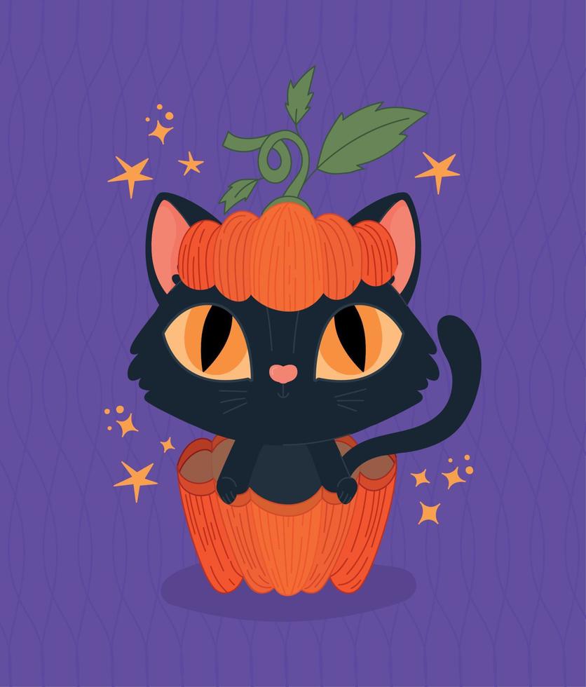 Víspera de Todos los Santos gato en un calabaza vector