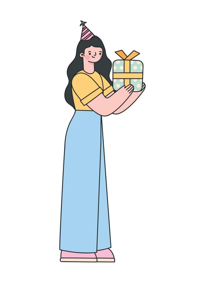 mujer sosteniendo caja de regalo vector