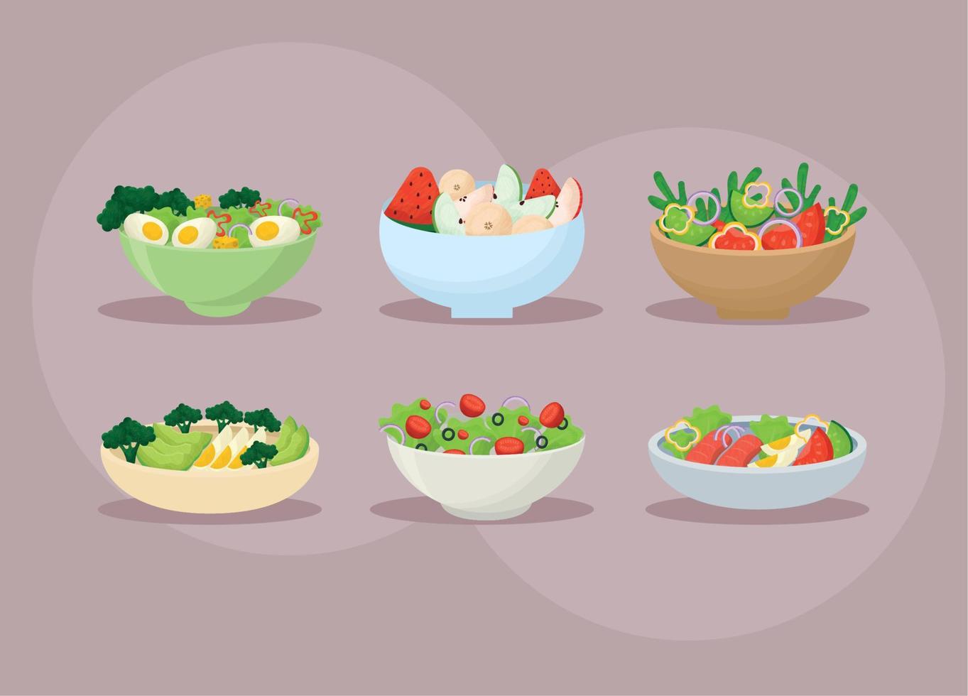 six healthy salads vector