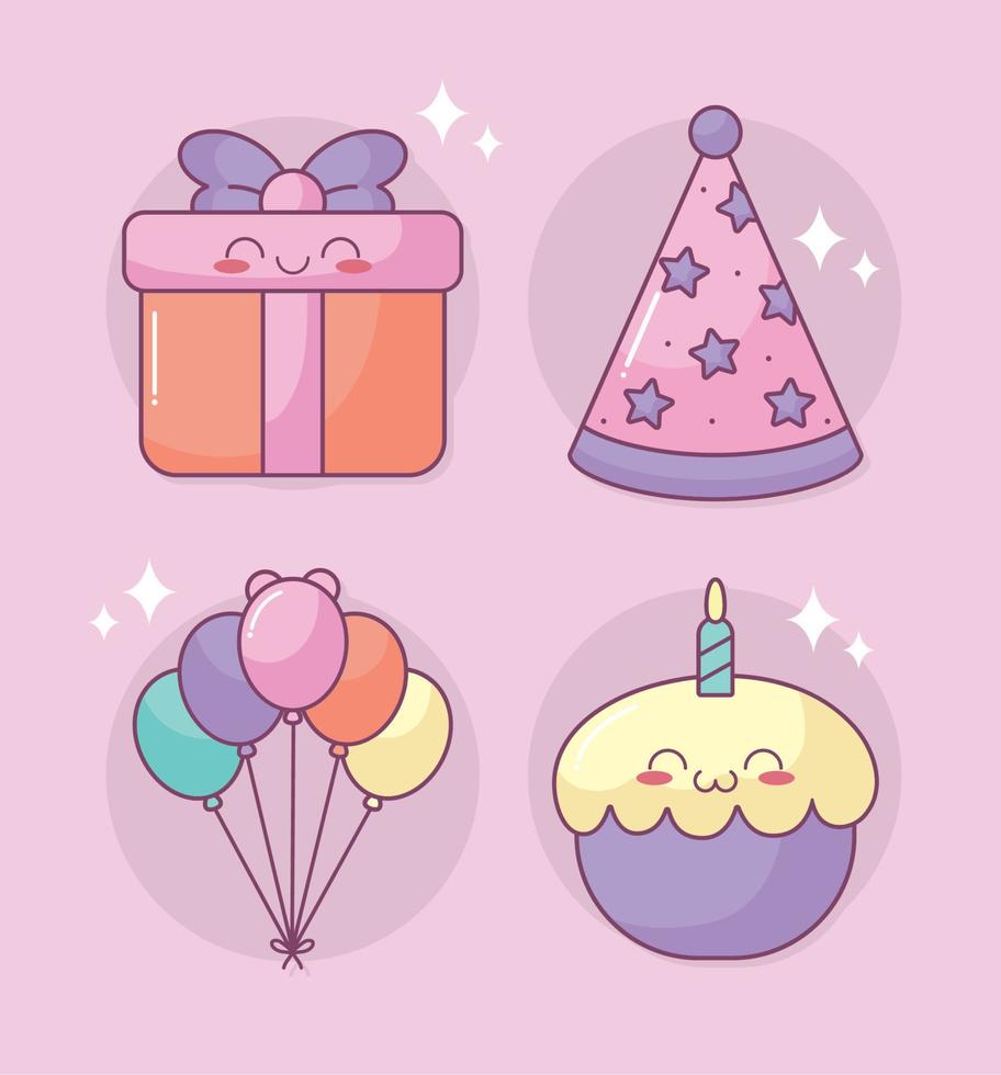 four kawaii birthday items vector