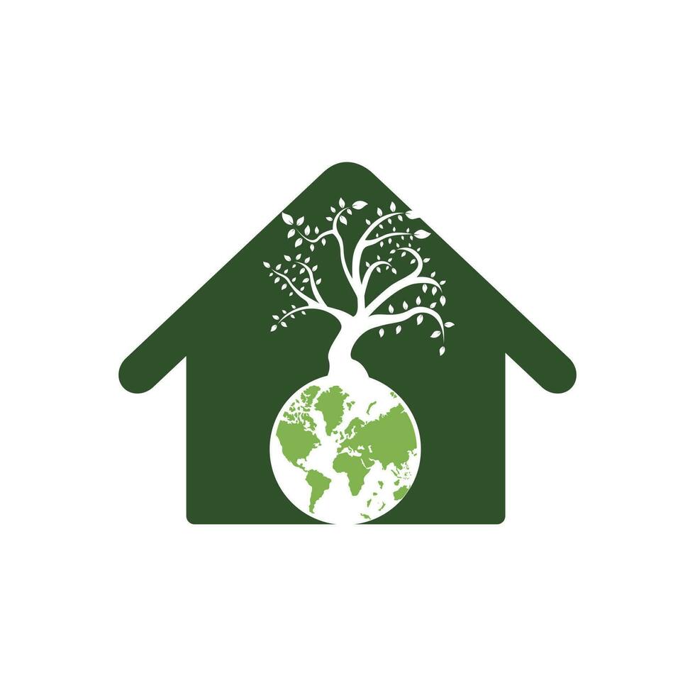 Globe tree with home vector logo design template. Planet and eco symbol or icon.