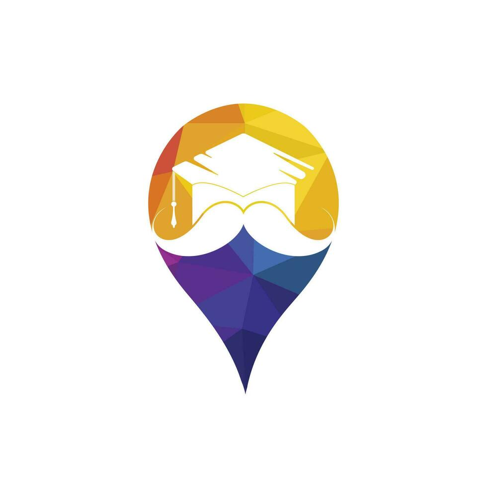 fuerte educación logo diseño modelo. sombrero graduación con Bigote y GPS alfiler icono diseño. vector