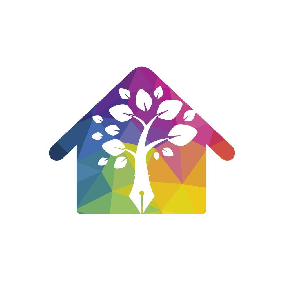 plantilla de diseño de logotipo de vector de pluma de árbol. concepto de logotipo de casa y naturaleza del escritor.