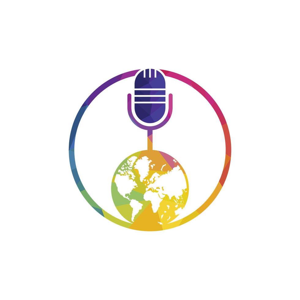 Global podcast logo design. Broadcast entertainment business logo template vector illustration.