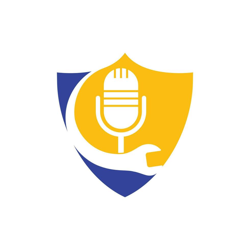 reparar el diseño del logotipo del vector de podcast. diseño de icono de llave inglesa y micrófono.