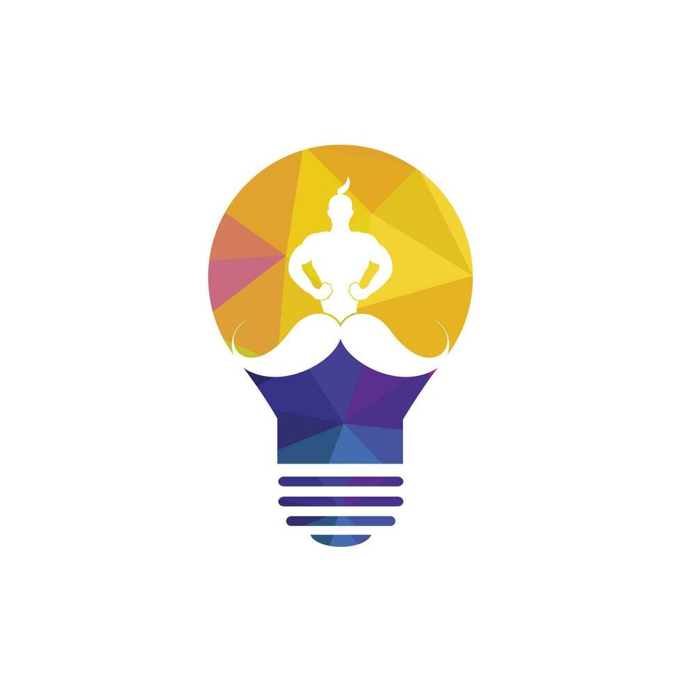 Mustache genie lightbulb shape vector logo design. Strong genie icon template.