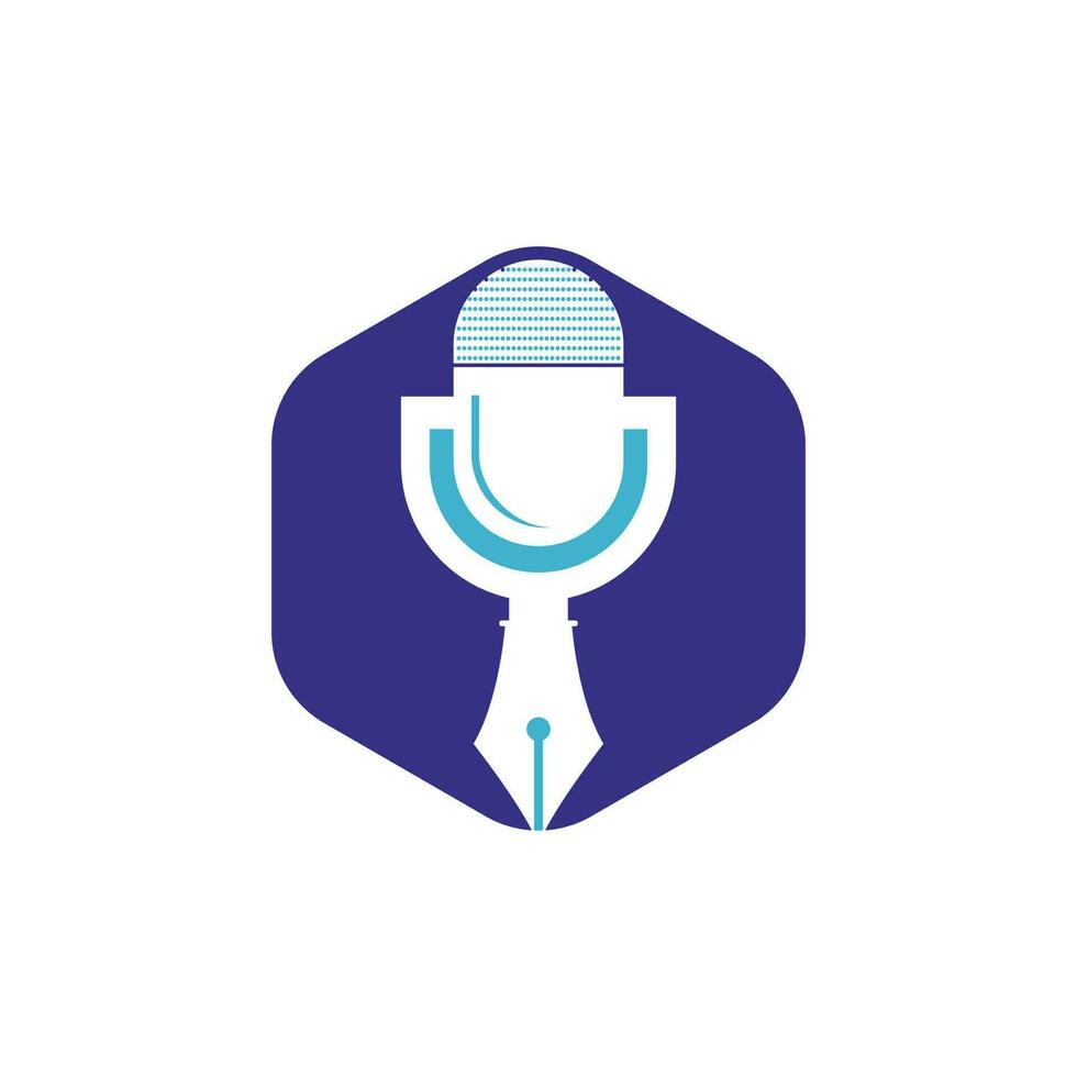 Pen microphone conference podcast radio logo design. Education podcast vector logo design.