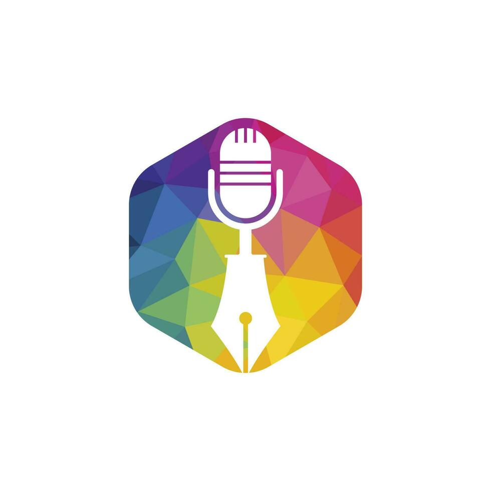 Pen microphone conference podcast radio logo design. Education podcast vector logo design.