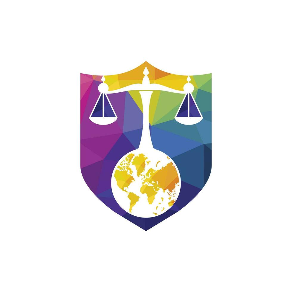 International tribunal and Supreme court logo concept. Scales on globe icon design. vector