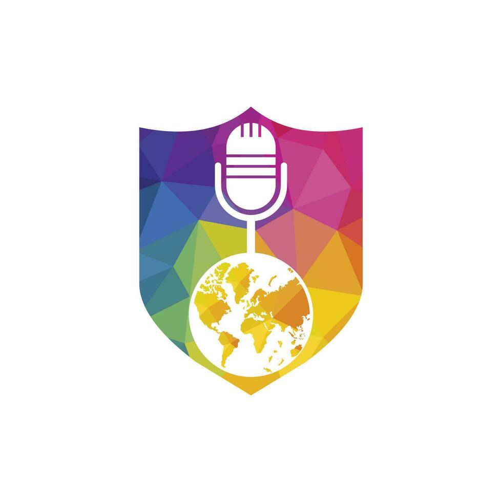 Global podcast logo design. Broadcast entertainment business logo template vector illustration.