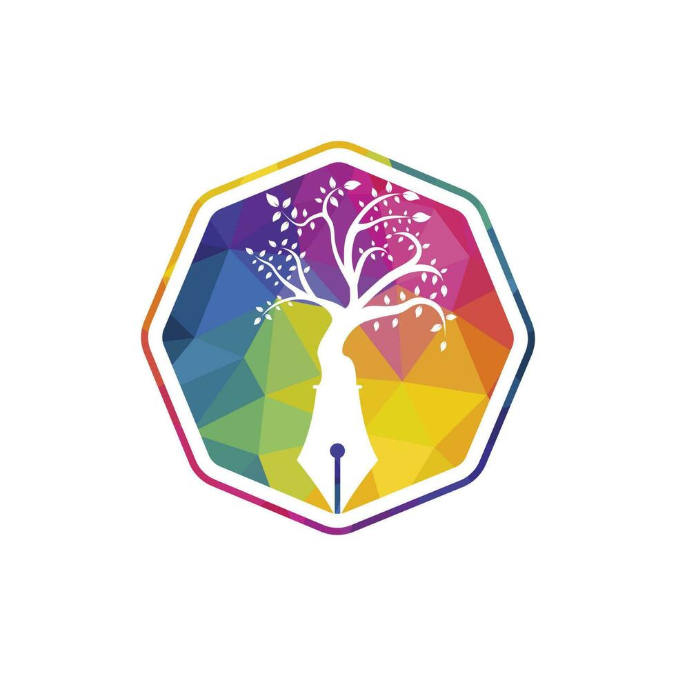 Tree pen vector logo design template. Writer and nature logo concept.