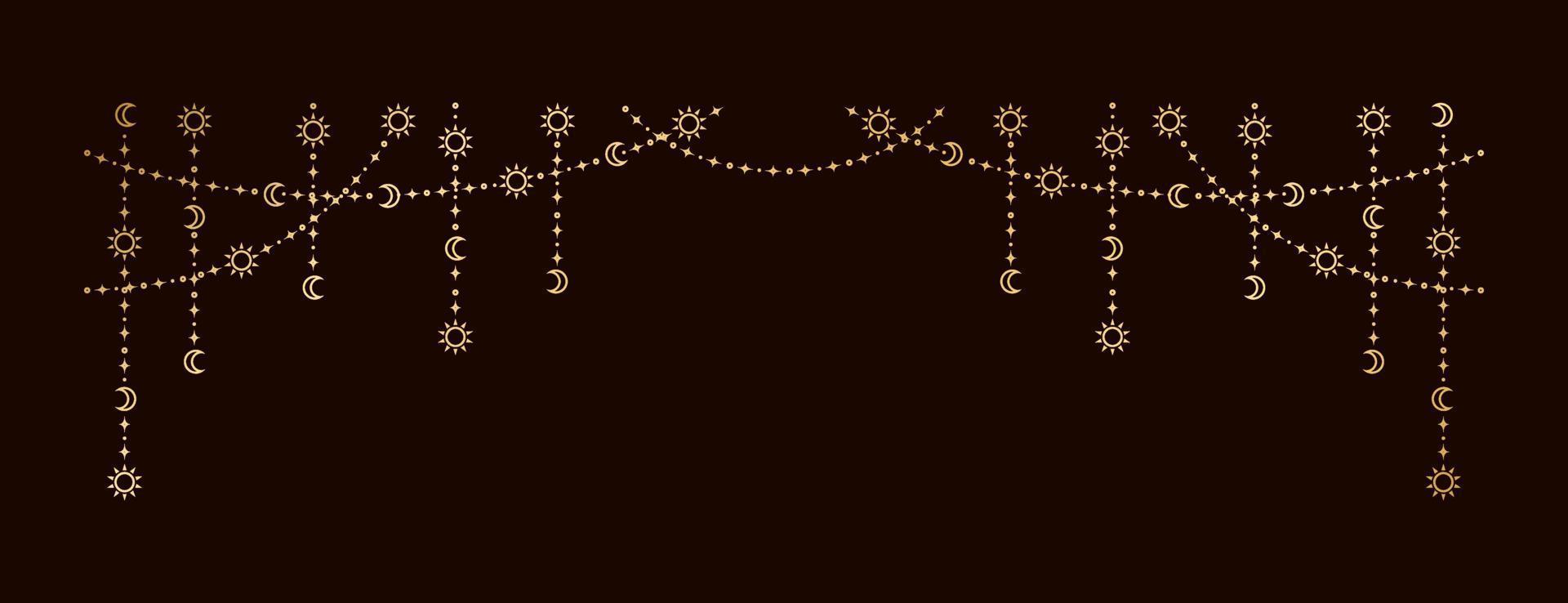 Gold mystic celestial hanging garland with sun, stars, moon phases, crescents. Ornate bohemian magical curtain decorative element vector