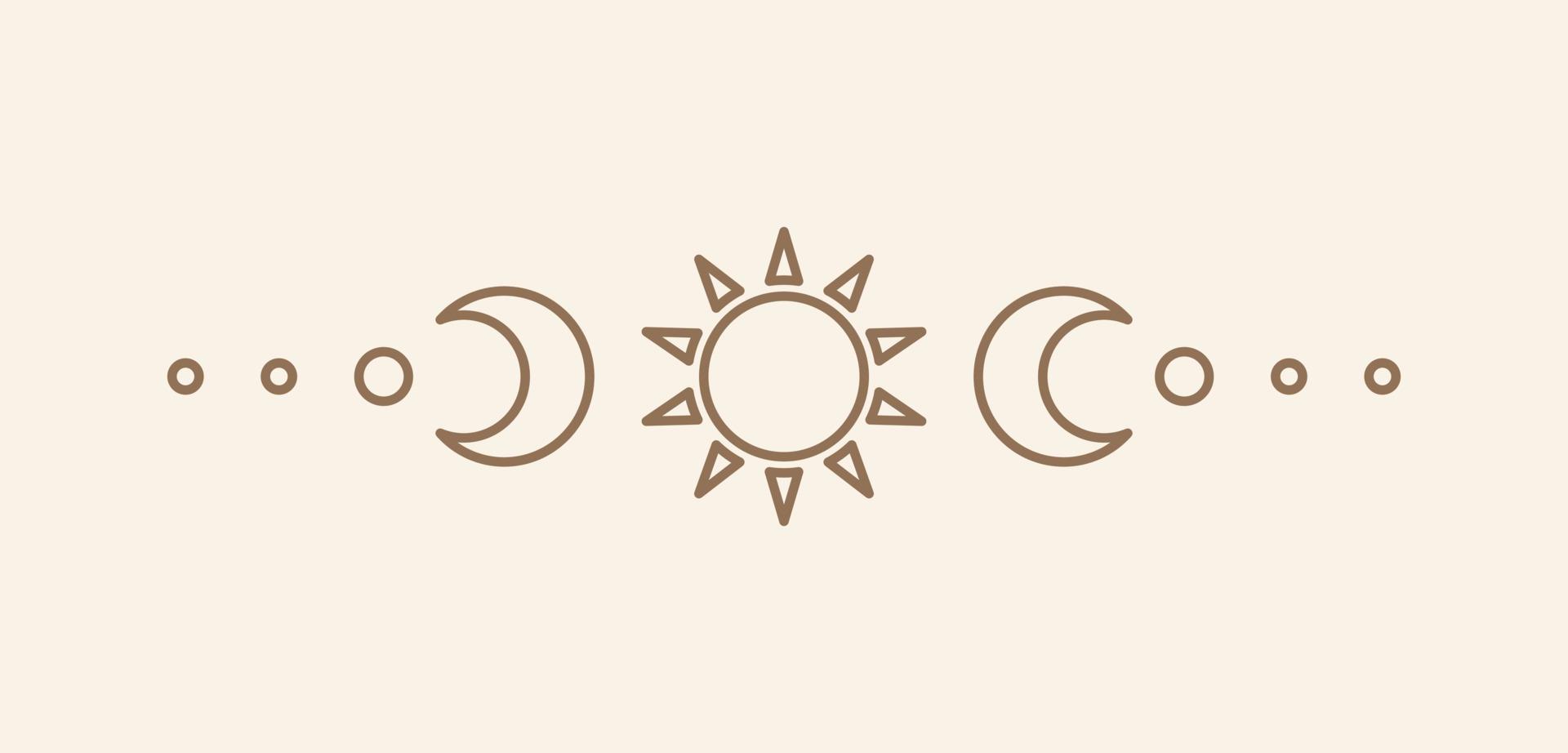 Celestial text divider with sun, stars, moon phases, crescents. Ornate boho mystic separator decorative element vector