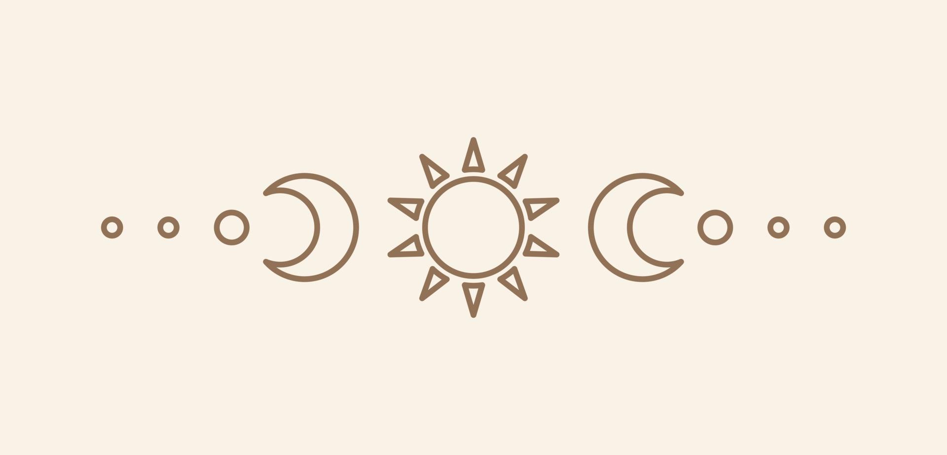 Celestial text divider with sun, stars, moon phases, crescents. Ornate boho mystic separator decorative element vector