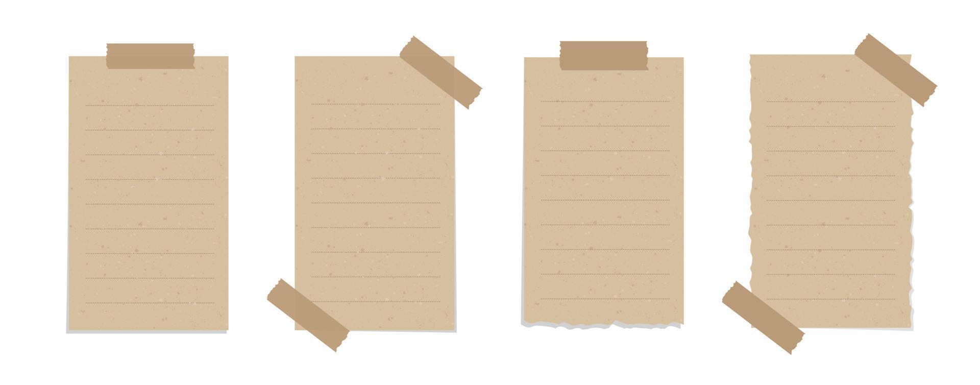 Taped vintage brown torn paper illustration set. Recycled memo note paper with adhesive tape mockup. vector