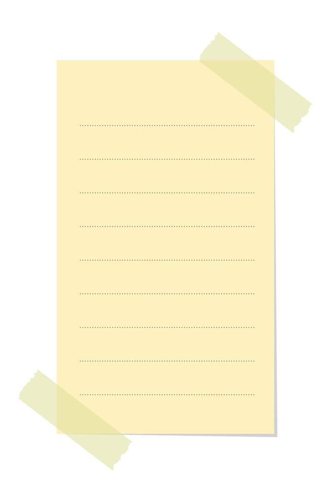 Vertical yellow sticky note illustration. Taped office memo paper template. vector