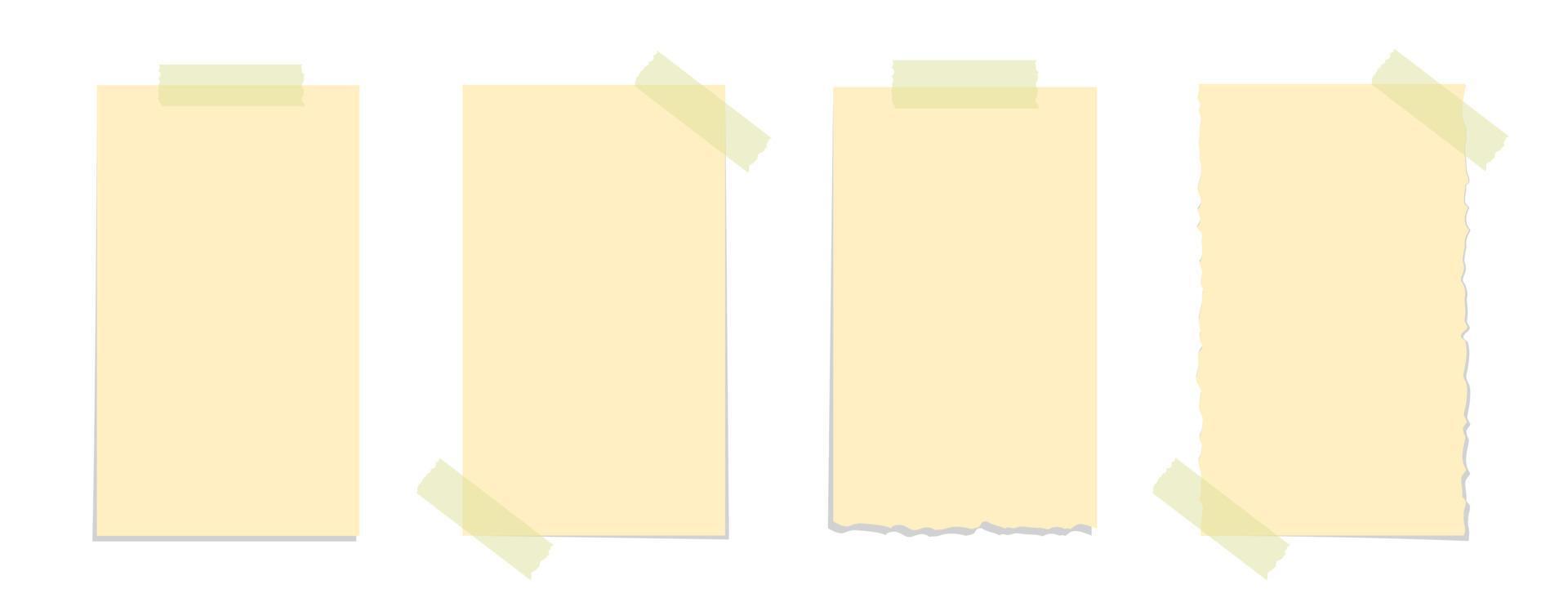 Torn yellow sticky note vector illustration set. Taped office memo paper mockup template.