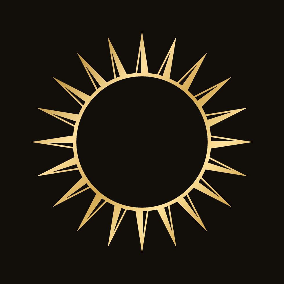 Golden celestial sun icon logo frame. Simple modern abstract design for templates, prints, web, social media posts vector