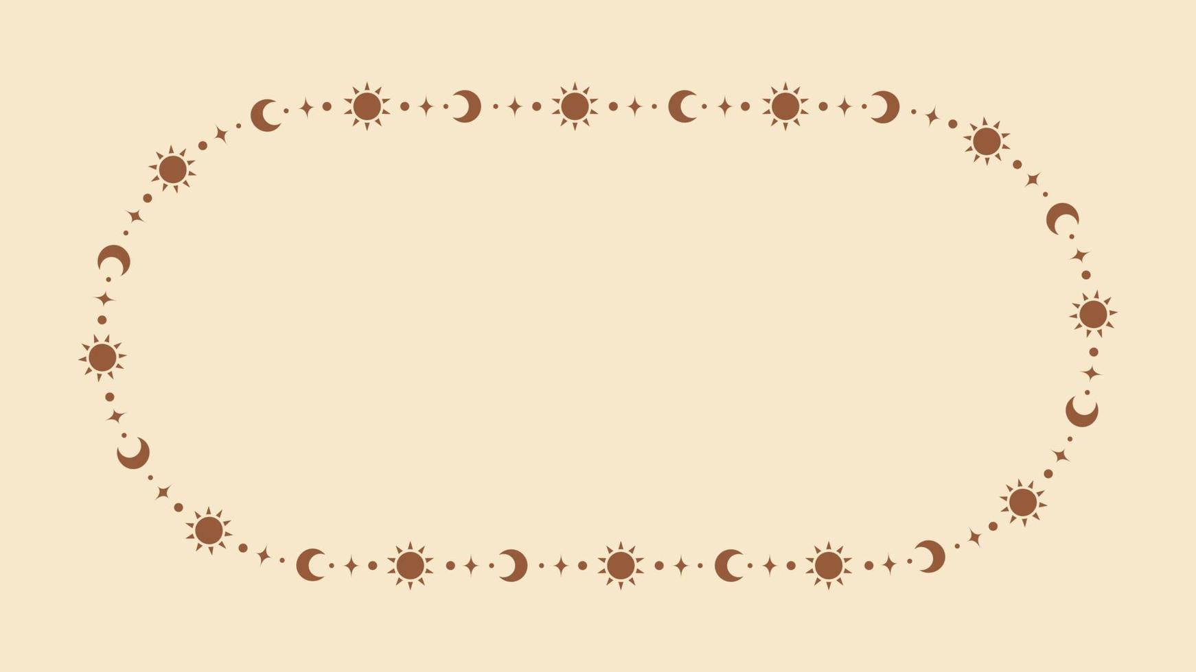 Mystic celestial frame with sun, stars, moon phases, crescents and copy space. Ornate bohemian magical background. vector