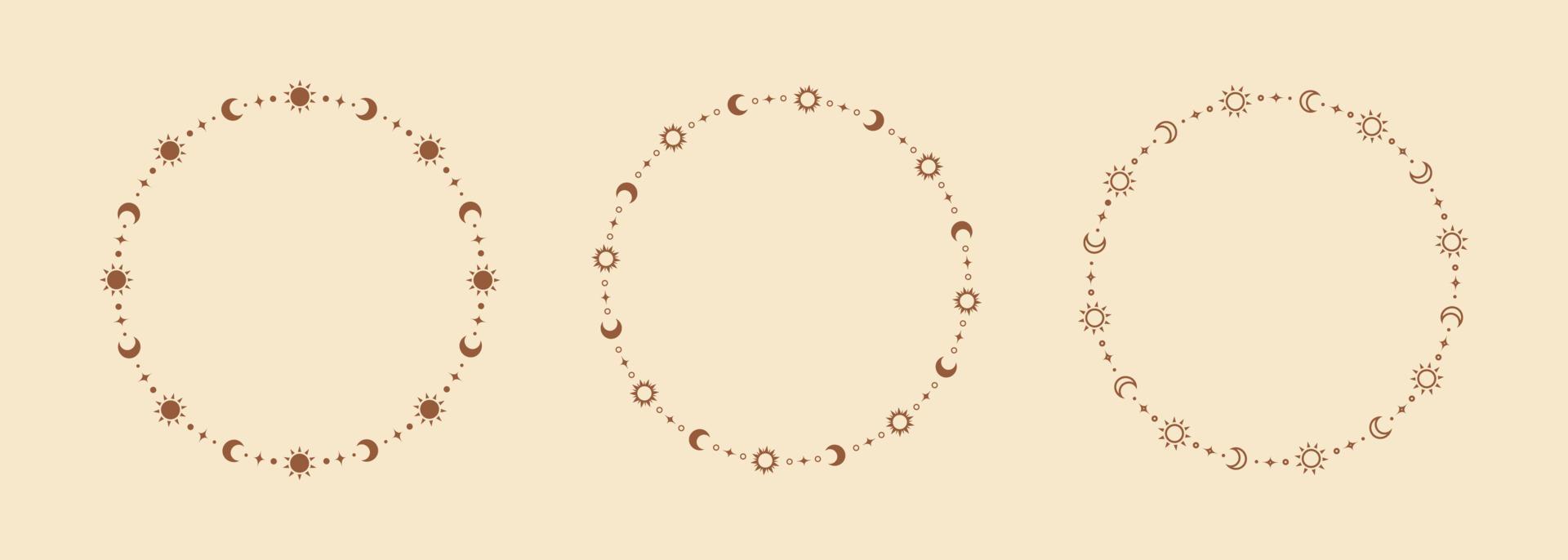 Mystic celestial round frame with sun, stars, moon phases, crescents and copy space. Ornate bohemian magical background collection. vector