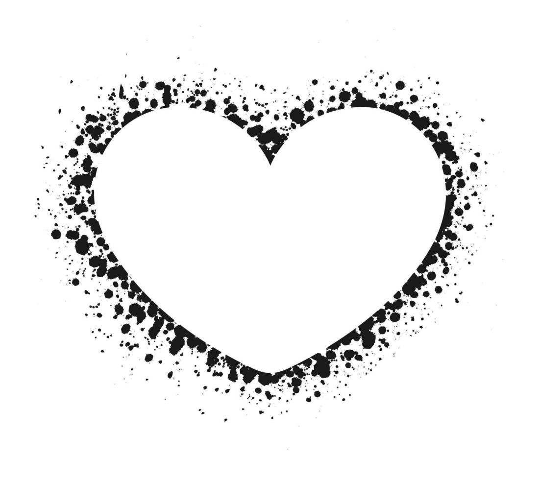 Heart shape grunge ink splatter frame. Spray graffiti stencil border template. vector