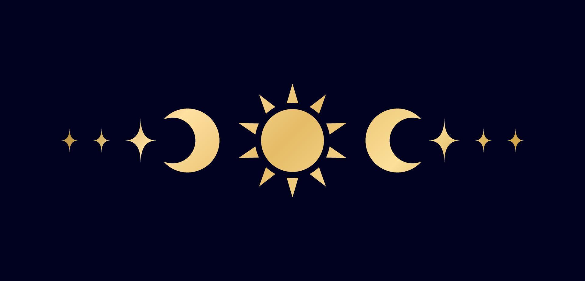 Gold celestial text divider with sun, stars, moon phases, crescents. Ornate boho mystic separator decorative element vector