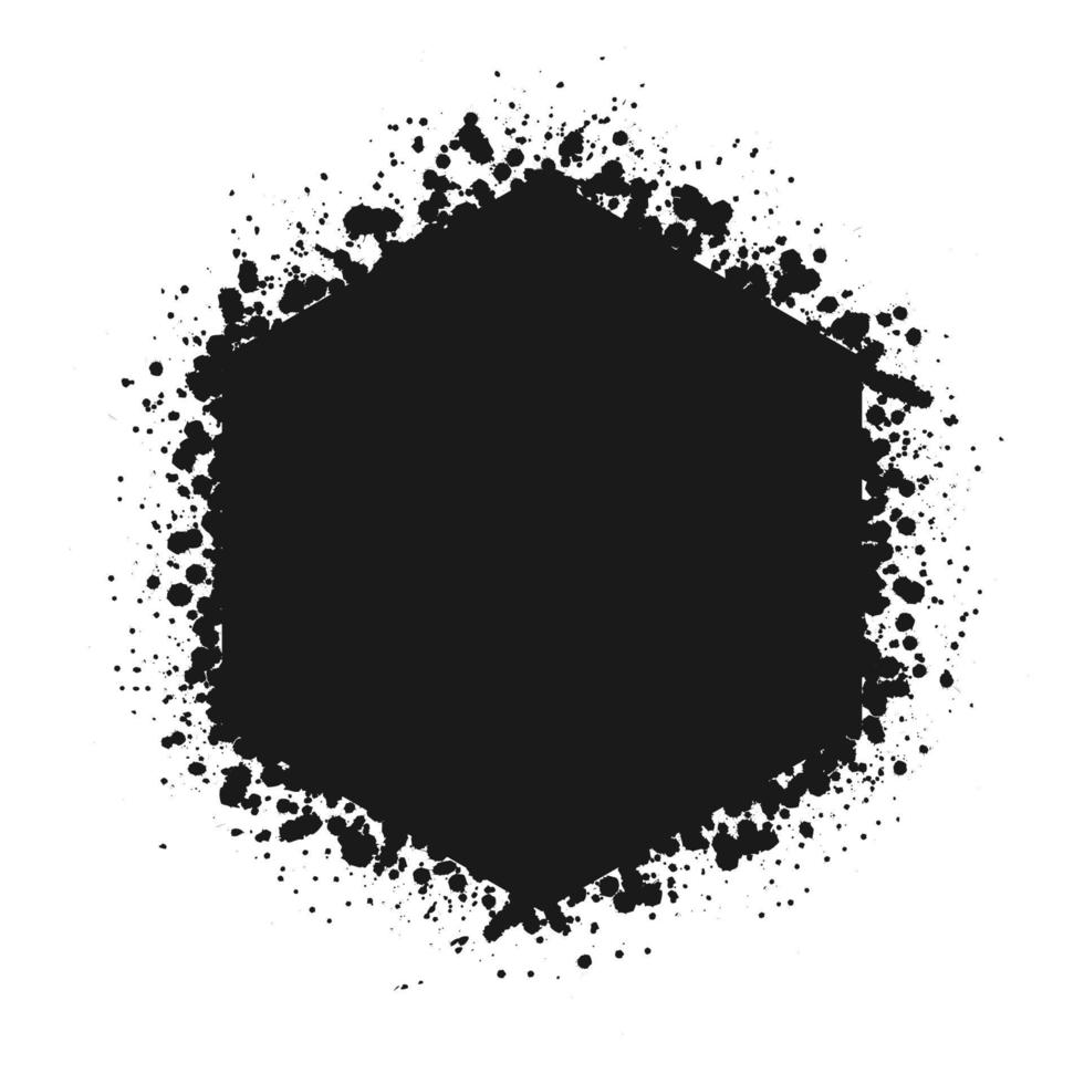 Hexagon grunge ink splatter frame. Spray graffiti stencil border template. vector