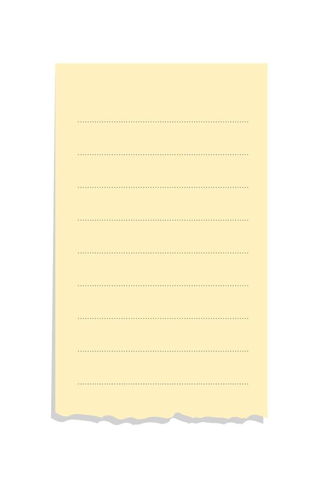 Torn yellow sticky note vector illustration. Vertical office memo paper template.