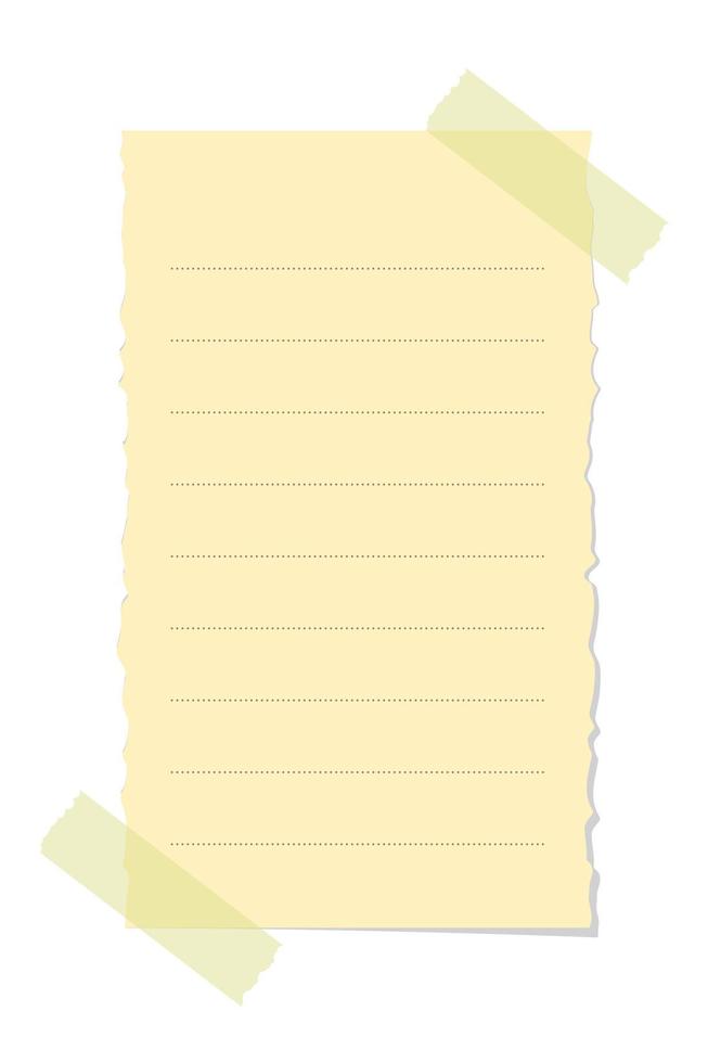 Torn yellow sticky note vector illustration. Taped office memo paper template.