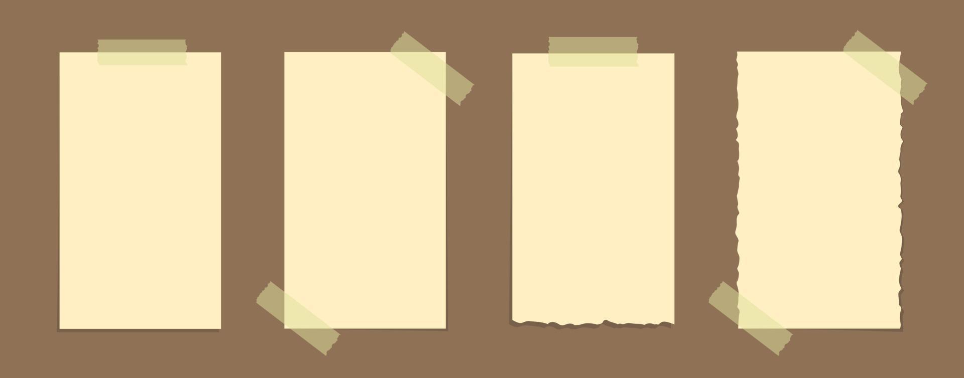 Torn yellow sticky note vector illustration set. Taped office memo paper mockup template.