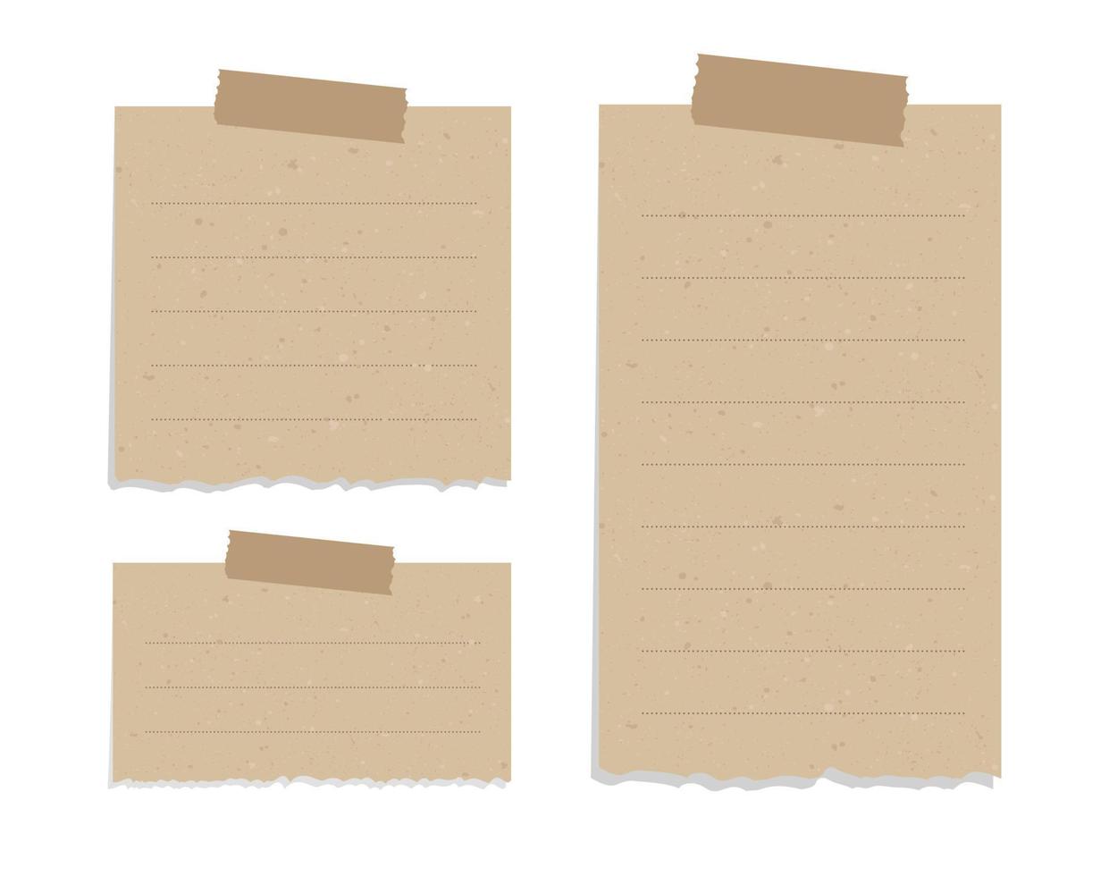 Vintage brown torn paper note set. Recycled memo paper with adhesive tape vector illustration.
